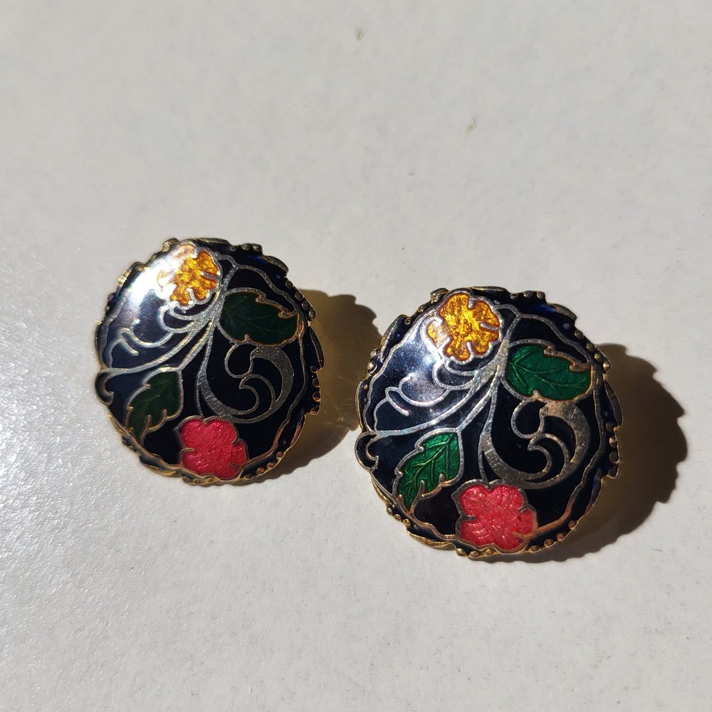 Vintage Cloisonne Enamel Floral Clip On Earrings Black Gold Tone